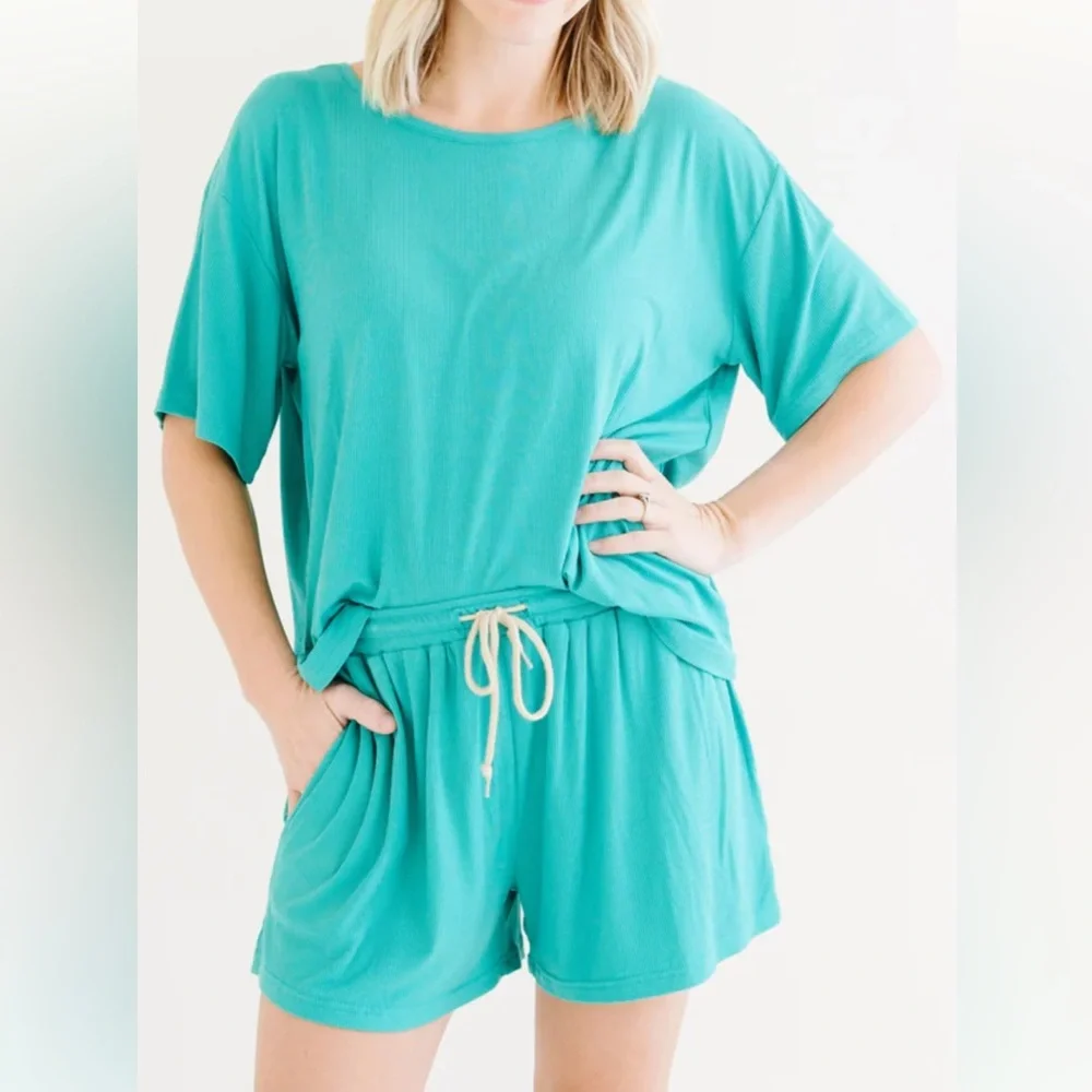 Teal Ribbed Women's Shorts Set - Picture 2 of 6